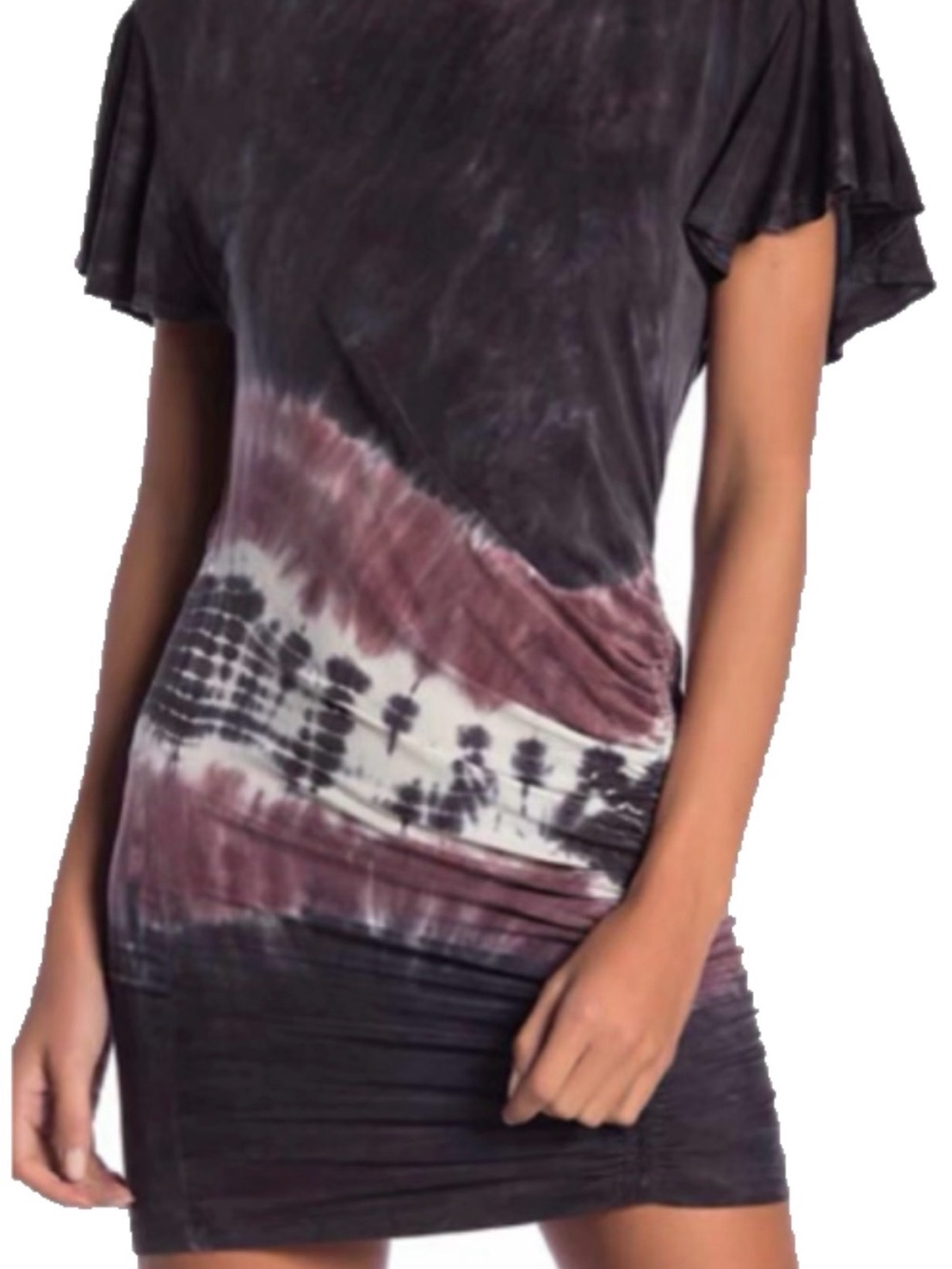 Young Fabulous Drunk Tie-Dye Short Sleeve Bodycon Dress in Plum & Black, Sz Sm